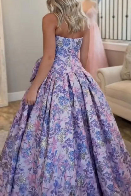 Cute A-Line Strapless Jacquard Satin Purple Flower Long Prom Dresses with Bow LD26011903