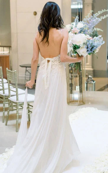 Elysia | Bohemian Lace A-Line Wedding Dress with Illusion Neckline, Open Back, and Front Split