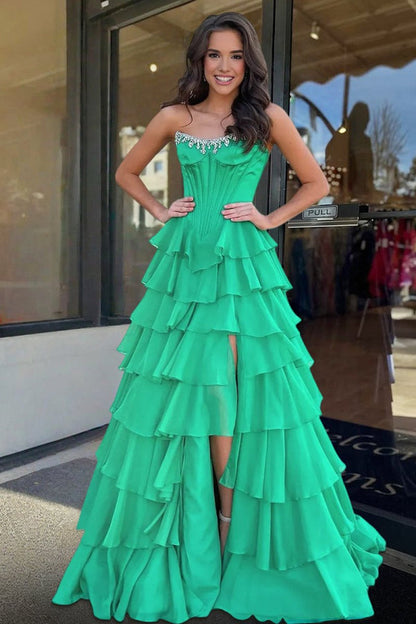 Charming A-Line Strapless Green Chiffon Tiered Long Prom Dresses with Slit LD16010602