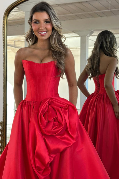 A-Line Strapless Red Satin Prom Dresses with Handmade Flower LD16012707