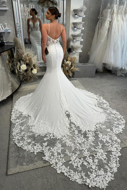 Charming Mermaid V Neck Wedding Dresses with Appliques LD070206