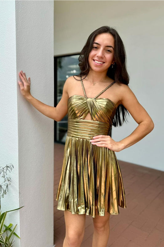 Cute A Line Sweetheart Straps Gold Satin Short Homecoming Dresses LD072403