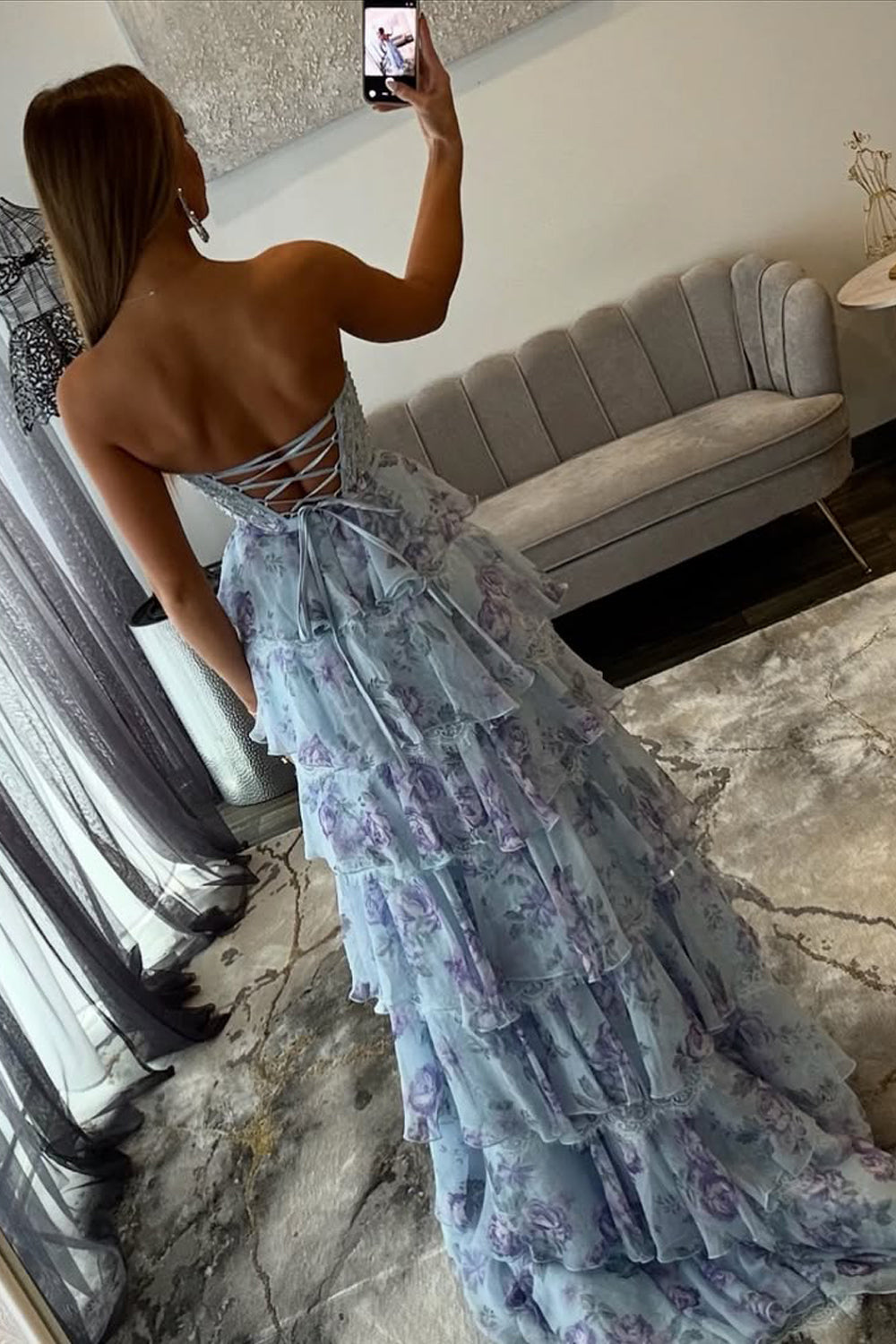 A-Line Strapless Tiered Floral Print Tiered Prom Dresses with Slit LD16012701