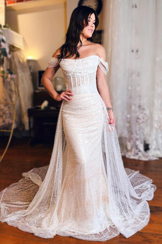 Off-the-Shoulder Mermaid Wedding Dress with Sparkling Sequin Detail