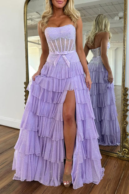 A-Line Strapless Lilac Ruffle Tiered Beaded Long Prom Dresses with Slit LD16012709