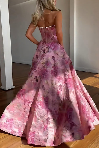 Cute A-Line Strapless Jacquard Satin Purple Flower Long Prom Dresses with Bow LD26011903