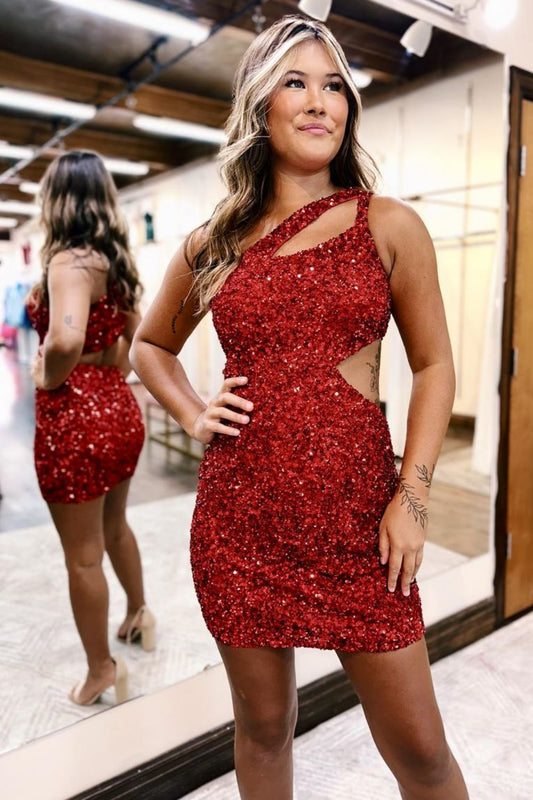 Cute Bodycon One Shoulder Cutout Sequins Homecoming Dresses LD071511