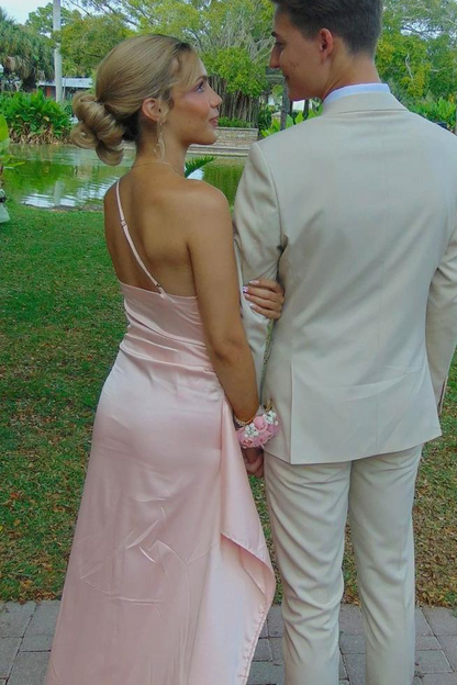 Sage Green One Shoulder Pleats Long Prom Dresses with Slit LD16011109