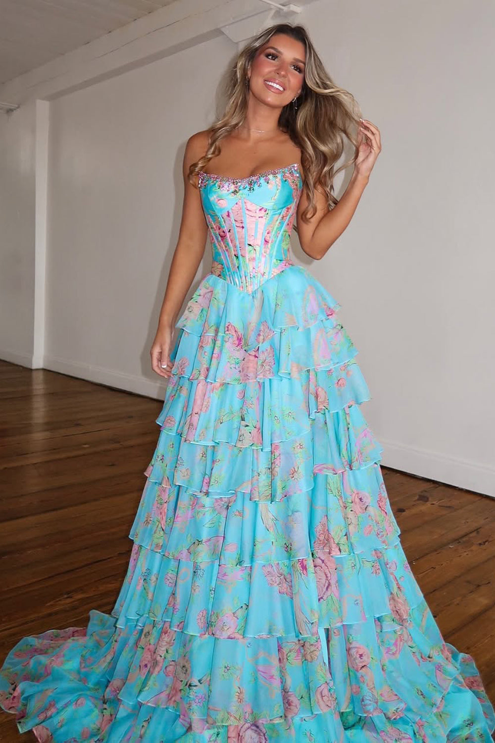 2026 New Arrival A Line Scoop Neck Floral Chiffon Prom Dress with Beading LD16122803