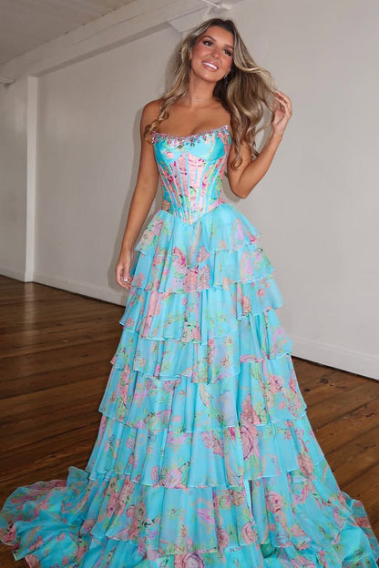 2026 New Arrival A Line Scoop Neck Floral Chiffon Prom Dress with Beading LD16122803