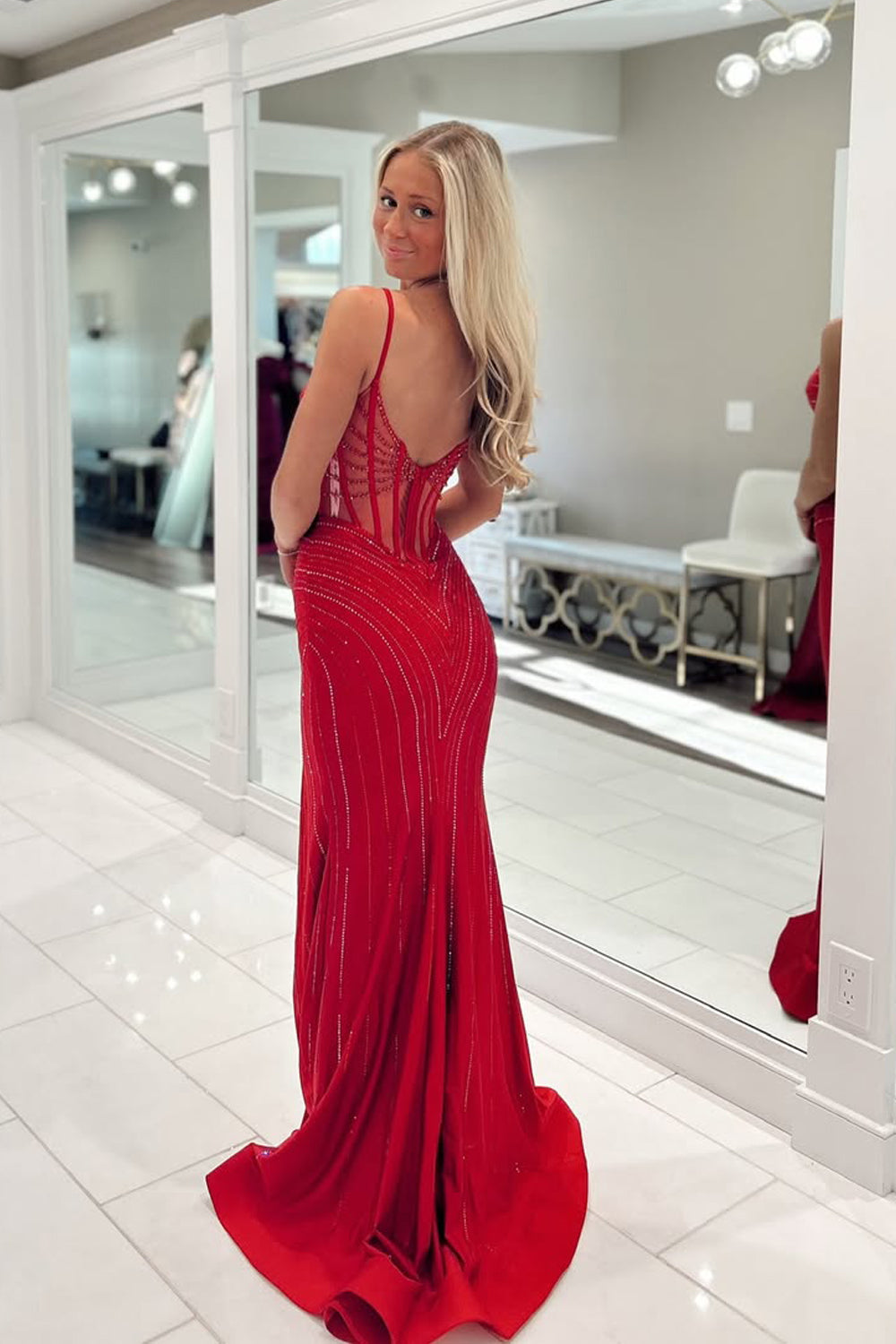 Mermaid Spaghetti Strap Sweetheart Red Corset Beads Prom Dresses with Slit LD16012704