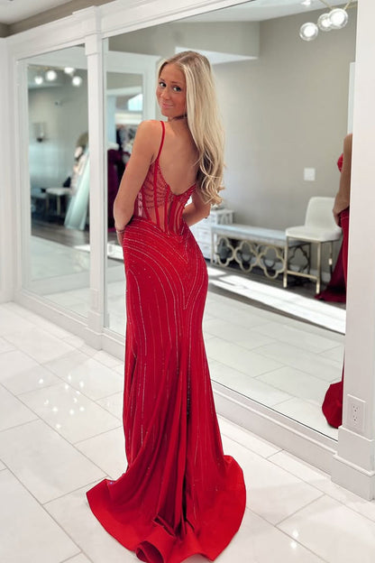 Mermaid Spaghetti Strap Sweetheart Red Corset Beads Prom Dresses with Slit LD16012704