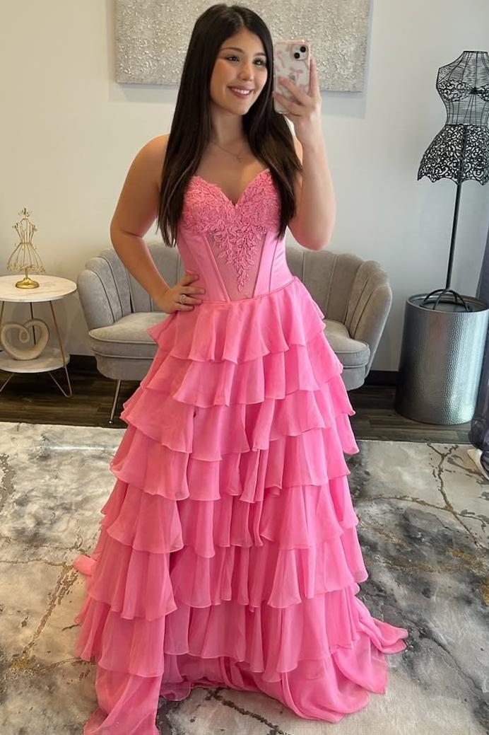 Cute A-Line Sweetheart Pink Ruffle Tiered Long Prom Dresses LD16011503