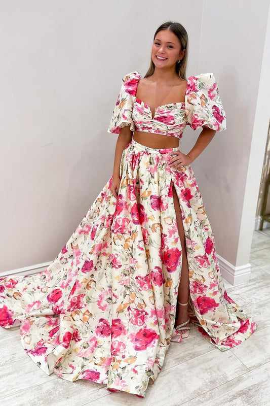 CuteA Line Floral Printed Puff Sleeves Prom Dresses with Slit LD062566