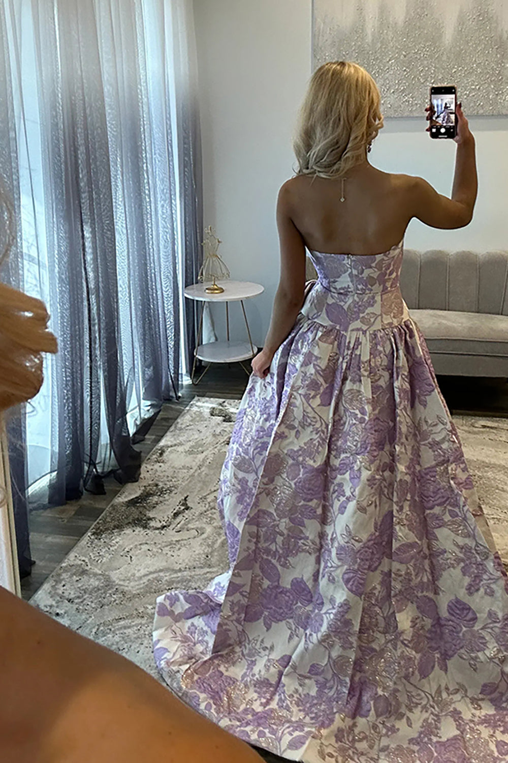 Cute A-Line Strapless Jacquard Satin Purple Flower Long Prom Dresses with Bow LD26011903