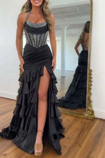 Black Mermaid Halter Satin Tiered Corset Beaded Prom Dress with Slit LD16011601