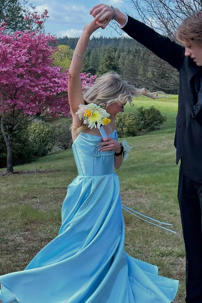 Elegant A-Line Strapless Blue Satin Long Prom Dresses with Slit LD16011502