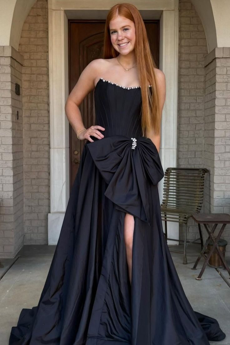 A-Line Strapless Hot Pink Satin Corset Long Prom Dresses with Bow LD16011106