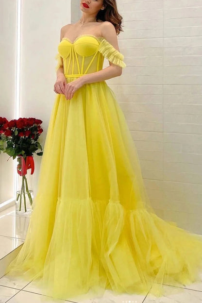 Lexie | Off-the-Shoulder Yellow A-Line Corset Prom Dress