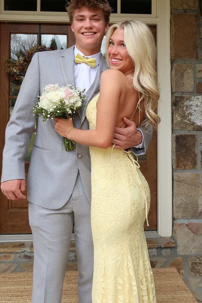 Gorgeous V Neck Spaghetti Straps Yellow Lace Appliques Prom Dress LD16011501