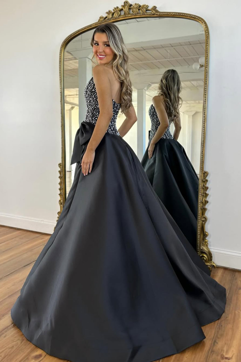 Gorgeous A Line Strapless Black Satin Prom Dress with Beading LD011705