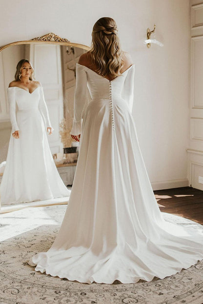 Simple A-Line White Satin Wedding Dress with Off-the-Shoulder Long Sleeves