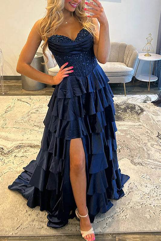 A-Line Strapless Navy Blue Ruffle Tiered Satin Long Prom Dress with Beads LD16010502