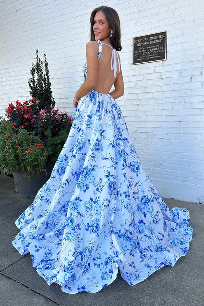 A-Line Square Neck Blue Floral Printed Satin Long Prom Dresses with Pearls LD16012001