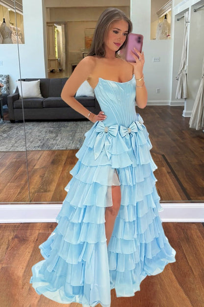 Stunning A-Line Strapless Blue Bow Ruffle Tiered Long Prom Dresses with Slit LD16011309