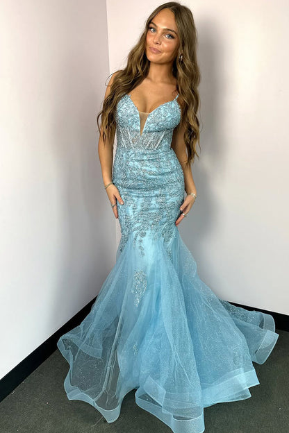 Cute Mermaid Light Blue V-Neck Prom Dress with Beading and Appliques