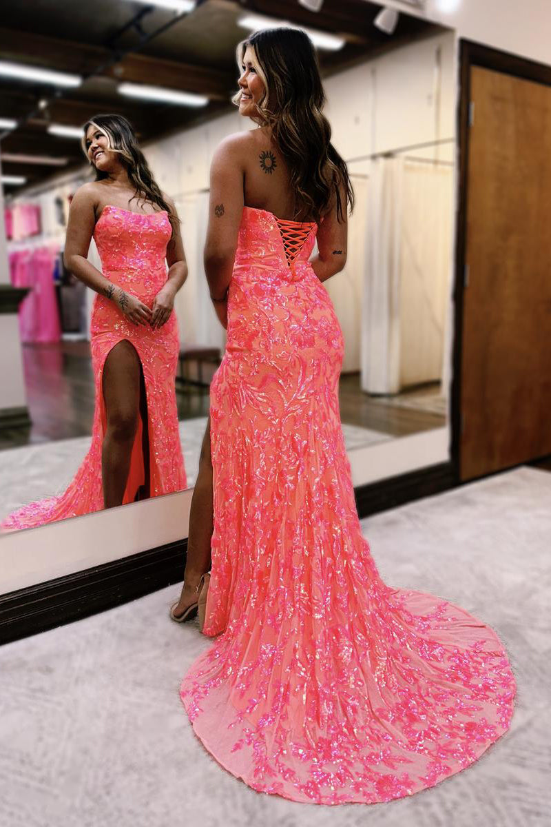 Cute Mermaid Scoop Neck Coral Sequins Long Prom Dresses LD070809