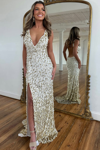 Gorgeous Sheath V Neck White Sequins Long Prom Dresses with Beading LD16012511