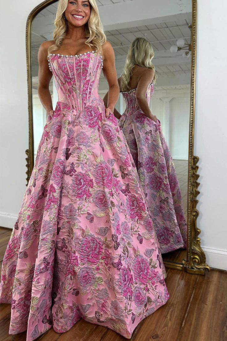 Cute A Line Scoop Neck Jacquard Satin Prom Dress with Pearls LD25122903