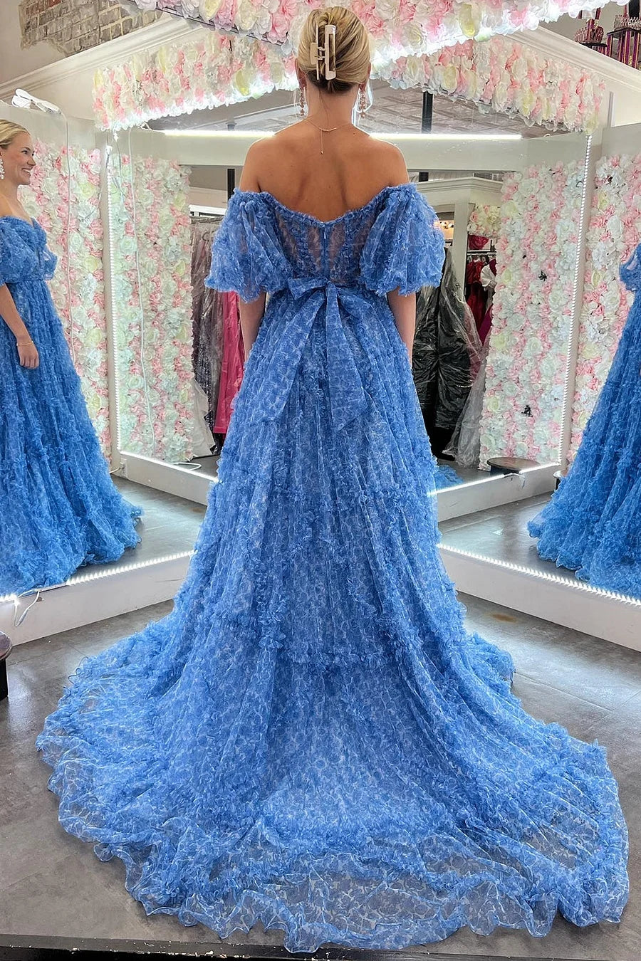 Cute Blue A-Line Long Floral Tulle Prom Dresses LD062553