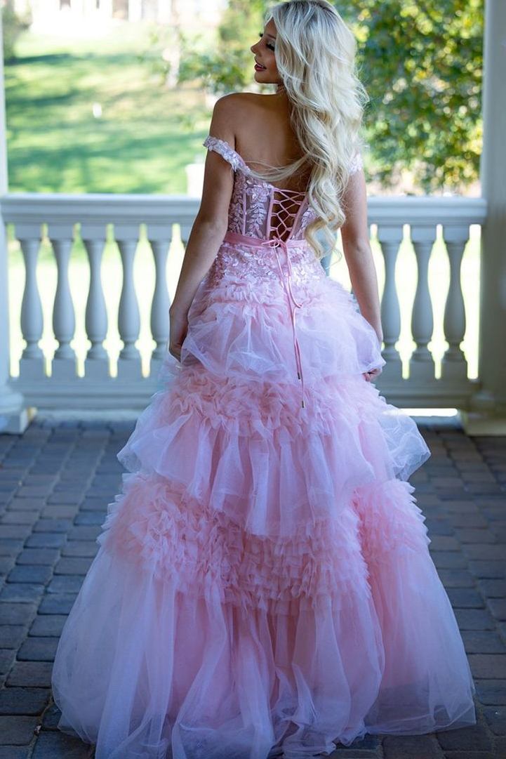 Ball Gown Off the Shoulder Pink Layered Ruffled Long Prom Dresses with Slit LD16011105