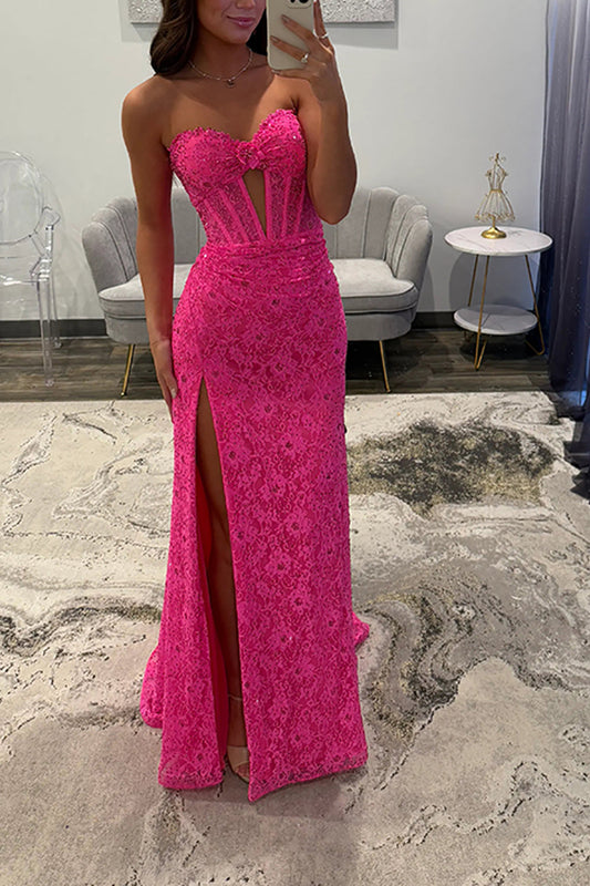 Mermaid Sweetheart Keyhole Hot Pink Lace Long Prom Dresses with Slit LD16010603