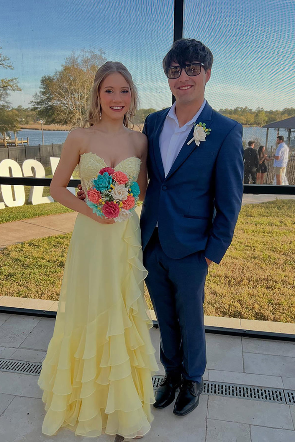 Cute A-Line Sweetheart Yellow Ruffles Tiered Chiffon Long Prom Dresses LD16011206