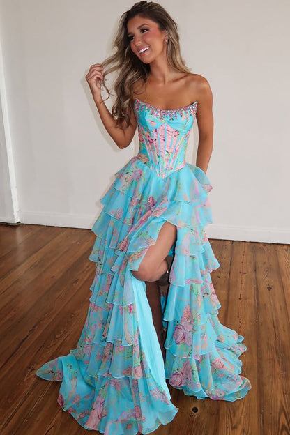 2026 New Arrival A Line Scoop Neck Floral Chiffon Prom Dress with Beading LD16122803