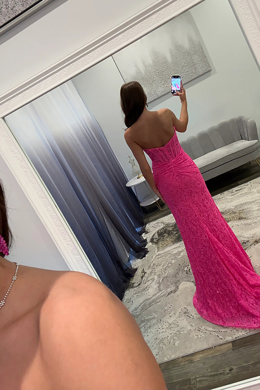Mermaid Sweetheart Keyhole Hot Pink Lace Long Prom Dresses with Slit LD16010603