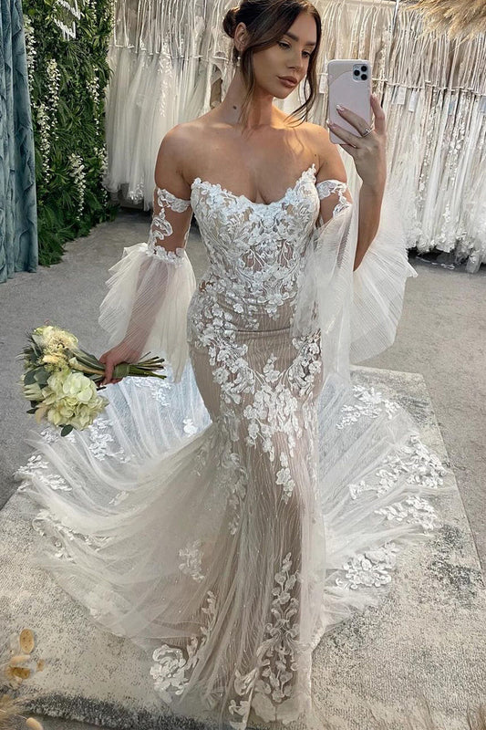 Charming Mermaid V Neck Champagne Sparkly Wedding Dress with Appliques LD0625100