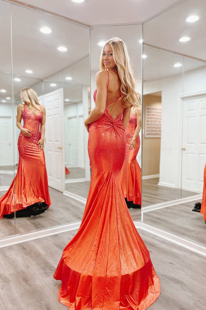 Mermaid V Neck Orange Satin Long Prom Dresses with Slit LD16012003