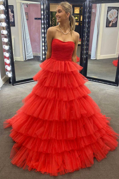 Daleyza | Strapless A-Line Tiered Tulle Prom Dress with Ruffles