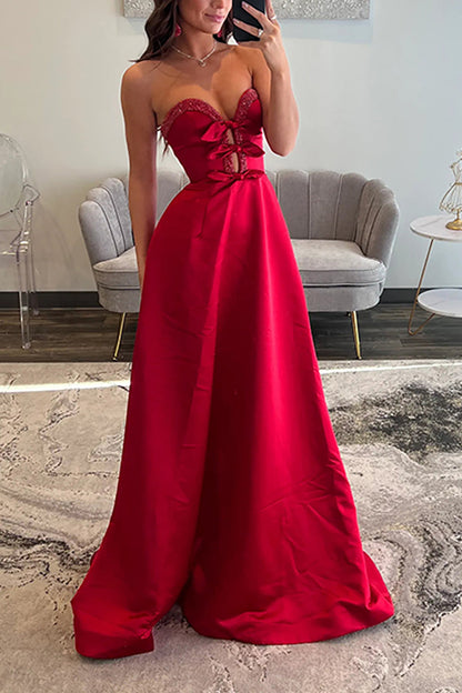 A-Line Sweetheart Keyholes Red Satin Long Prom Dresses with Pockets LD16010503