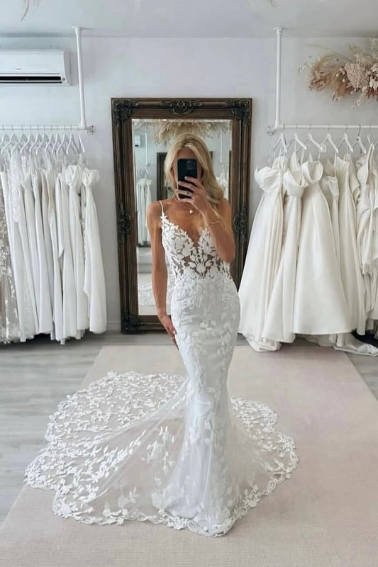Mermaid V Neck Tulle Lace Appliques Wedding Dresses with Train LD26012608