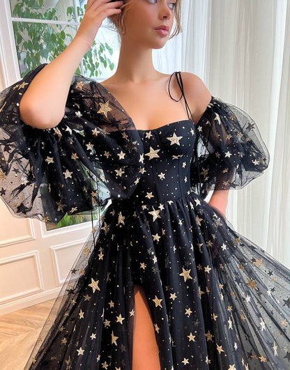 Tara | Black Prom Dress with Side Slit and Star Embellishments