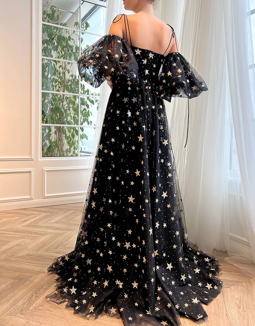 Tara | Black Prom Dress with Side Slit and Star Embellishments
