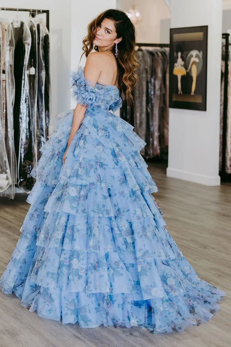 Cute Blue Floral Tiered Prom Dress with Ruffles LD062554