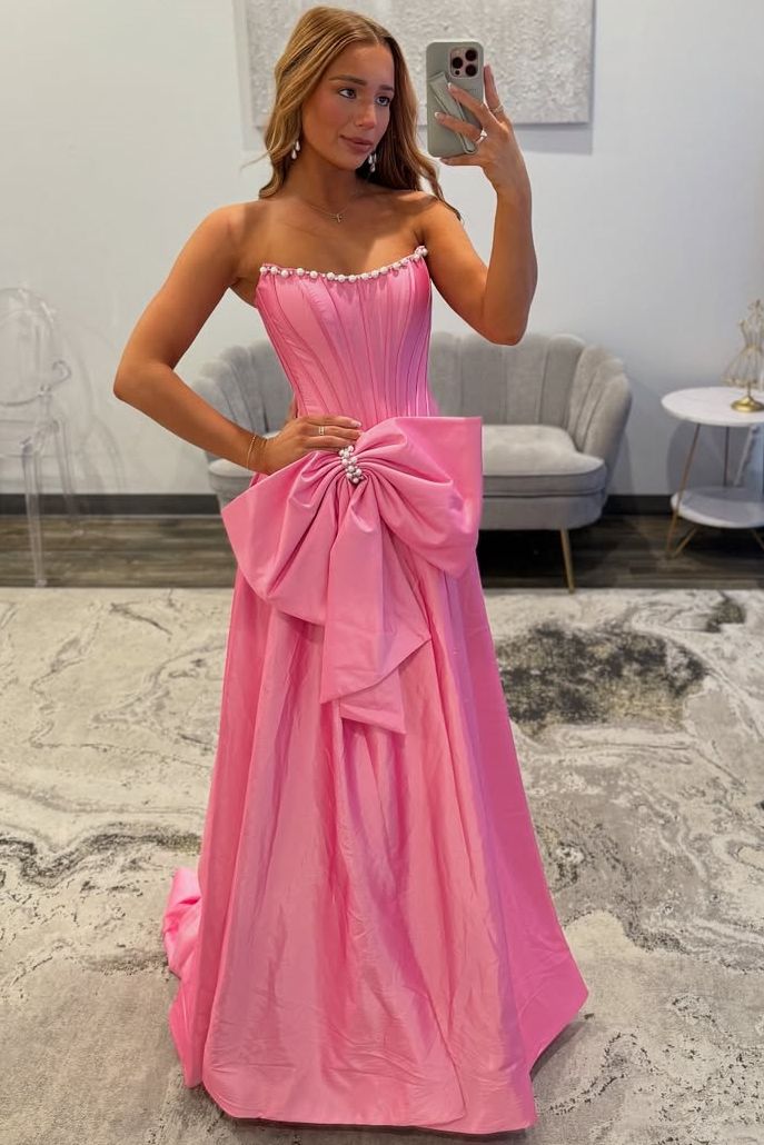 A-Line Strapless Hot Pink Satin Corset Long Prom Dresses with Bow LD16011106