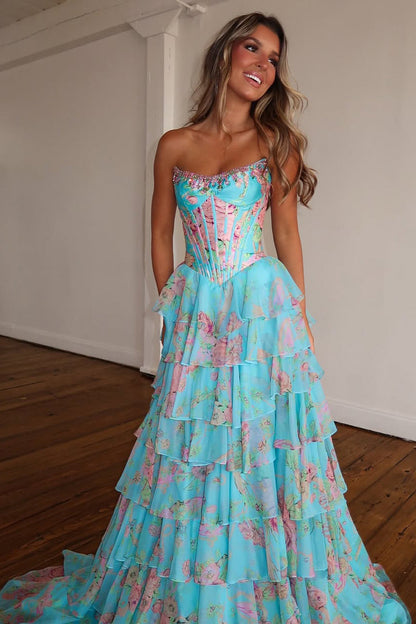 2026 New Arrival A Line Scoop Neck Floral Chiffon Prom Dress with Beading LD16122803
