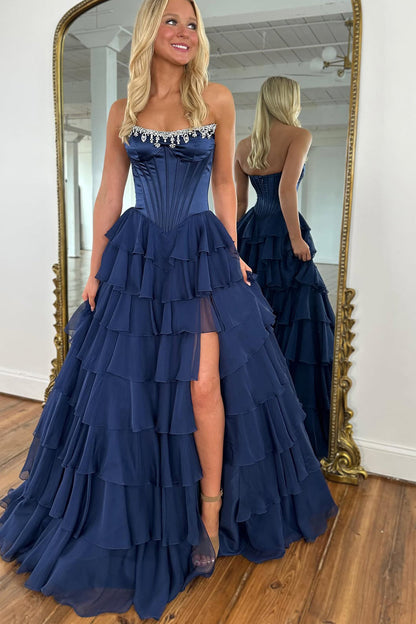 Gorgeous A Line Scoop Neck Navy Chiffon Tiered Prom Dress with Slit LD011502